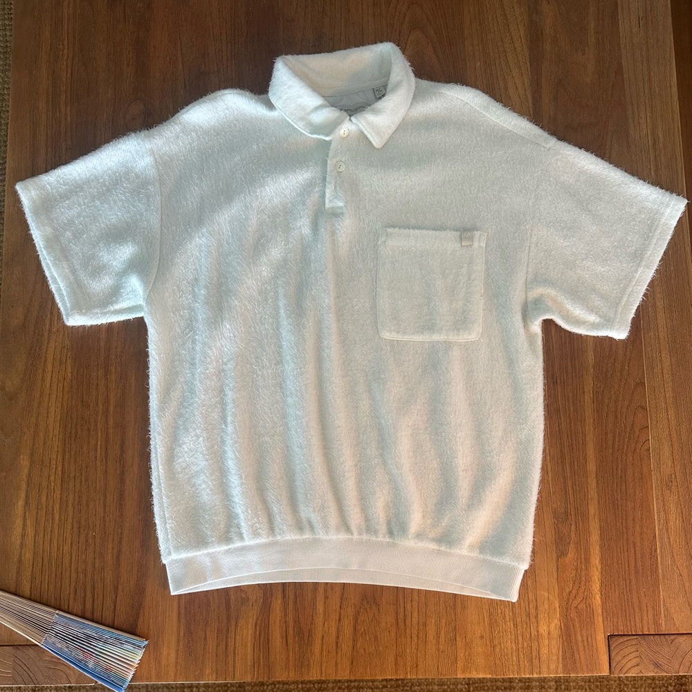 Furry White Terry Cloth Polo Top